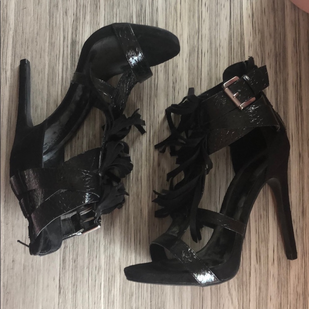 Black faux snakeskin fringe high heel